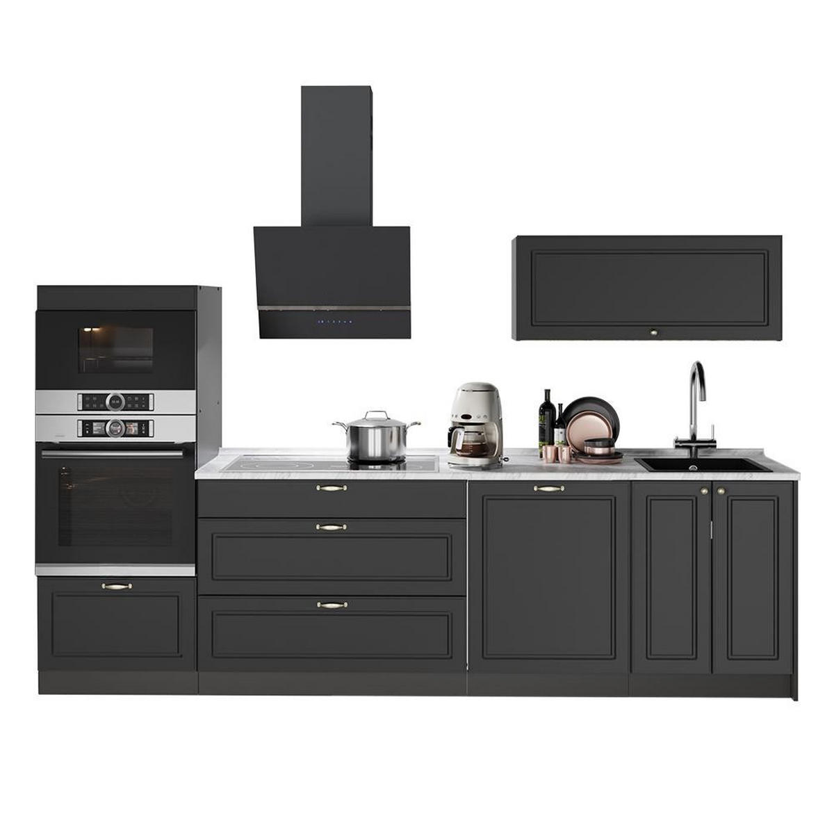 KÜCHENZEILE Fame-Line, Anthrazit-Gold Landhaus/Anthrazit, 280 cm ohne Arbeitsplatte - Anthrazit, Holzwerkstoff (280/153.6/51.6cm) - Vicco