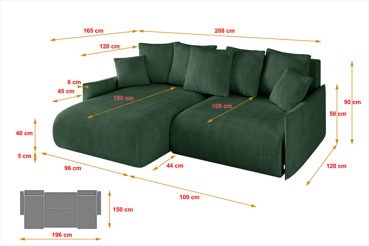 ECKSOFA mit Schlaffunktion und Bettkasten ONESK-L -v1 208x165x40 Grün Cord - Grün, Holzwerkstoff/Kunststoff (208/165cm) - ALTDECOR