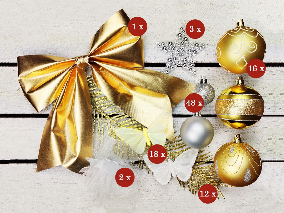 LAALU CHRISTBAUMKUGEL-SET 100 Stück in Luxusbox SHINING ELEGANCE für Weihnachtsbäume 120-210 cm - Champagner/Silberfarben, Kunststoff/Textil (55/50/75cm) - LAALU