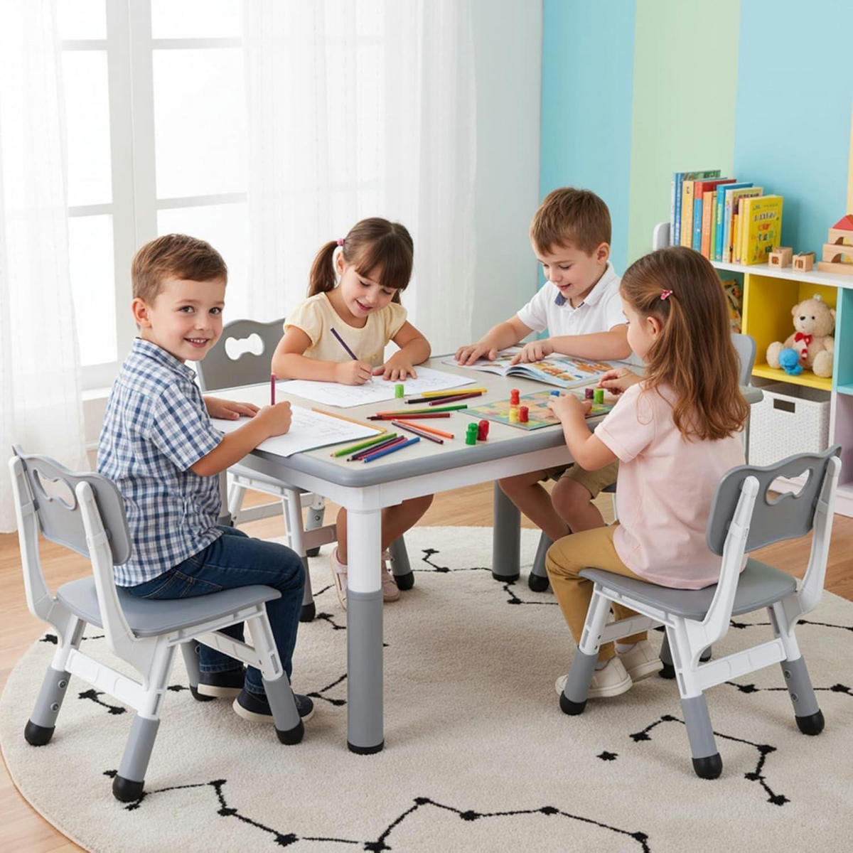 KINDERTISCH- und Stuhl-Set 5-teilig Höhenverstellbar Grau 120 x 60 cm - Grau, Kunststoff (60/60/120cm)
