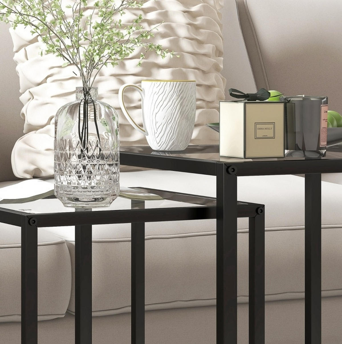 BEISTELLTISCH 42/51/42 cm und 33/45,5/33 cm Schwarz aus gehärtetem Glas und Stahl stapelbar 2er Set - Schwarz, Glas (42/42/51cm) - OKMYHOME