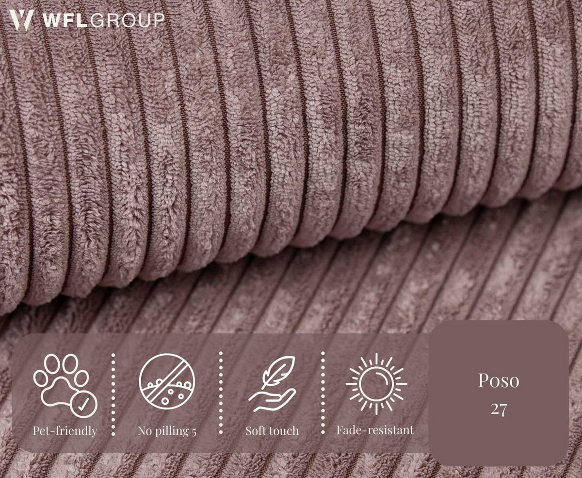 ECKSOFA Hana Loft 3-Sitzer Ecke Rechts, Cordstoff Chenille, Altrosa Rosa 241/80/168 cm - Schwarz/Rosa, Textil/Metall (168/241cm) - WFL GROUP