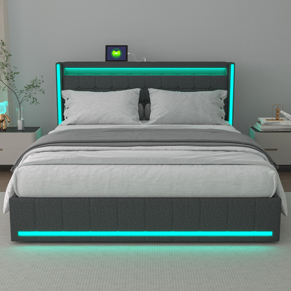 POLSTERBETT 140x200 cm aus Leinenstoff - Kopfteil mit LED und USB-C - 4 integrierte Schubladen - Ideal für Schlafzimmer oder Gästezimmer - Grey - Grau, Holzwerkstoff (140/200cm) - Brevoria