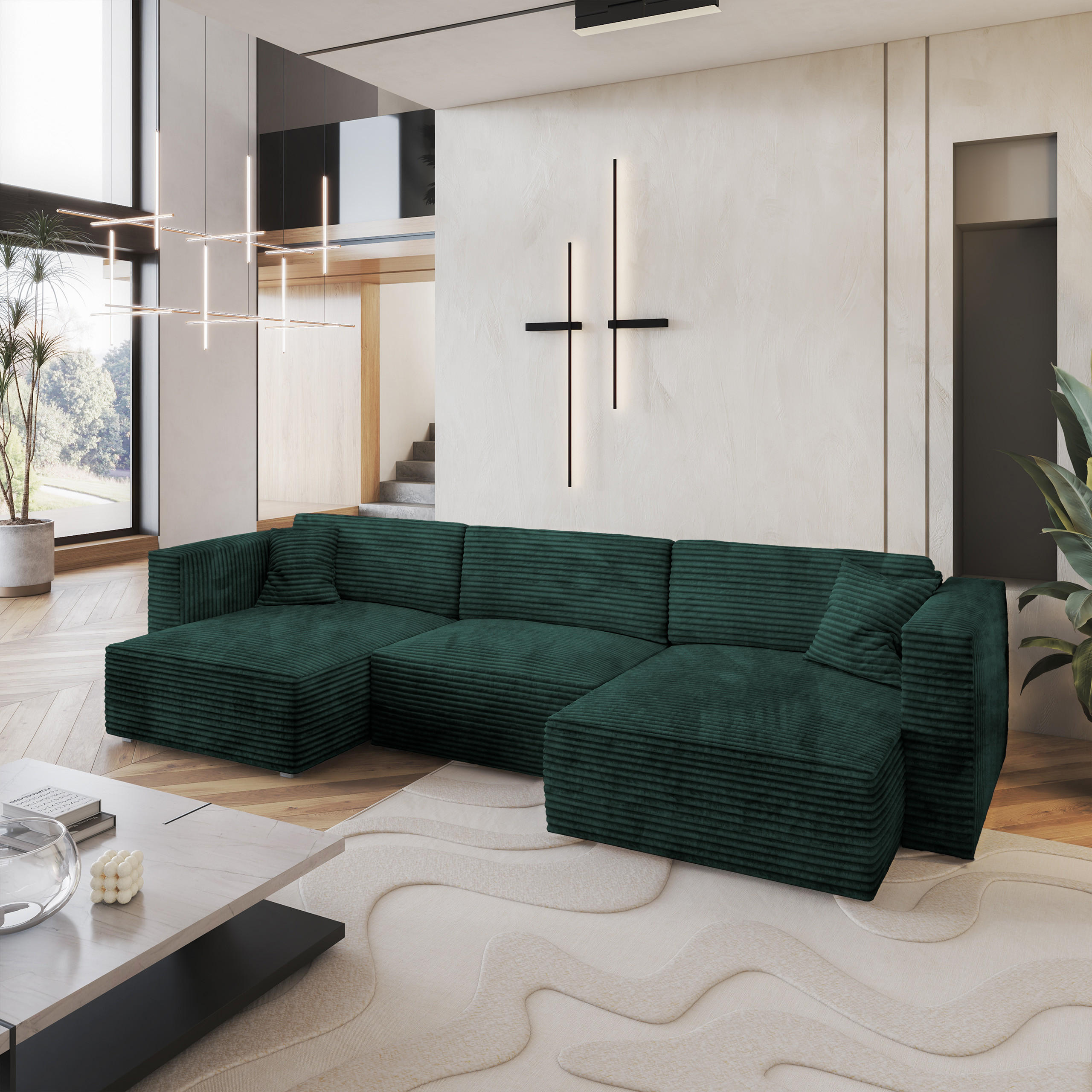 WOHNLANDSCHAFT SARMO Grün Kordstoff mit Schlaffunktion - Grün, Holz (347/90/148cm) - MASSENO