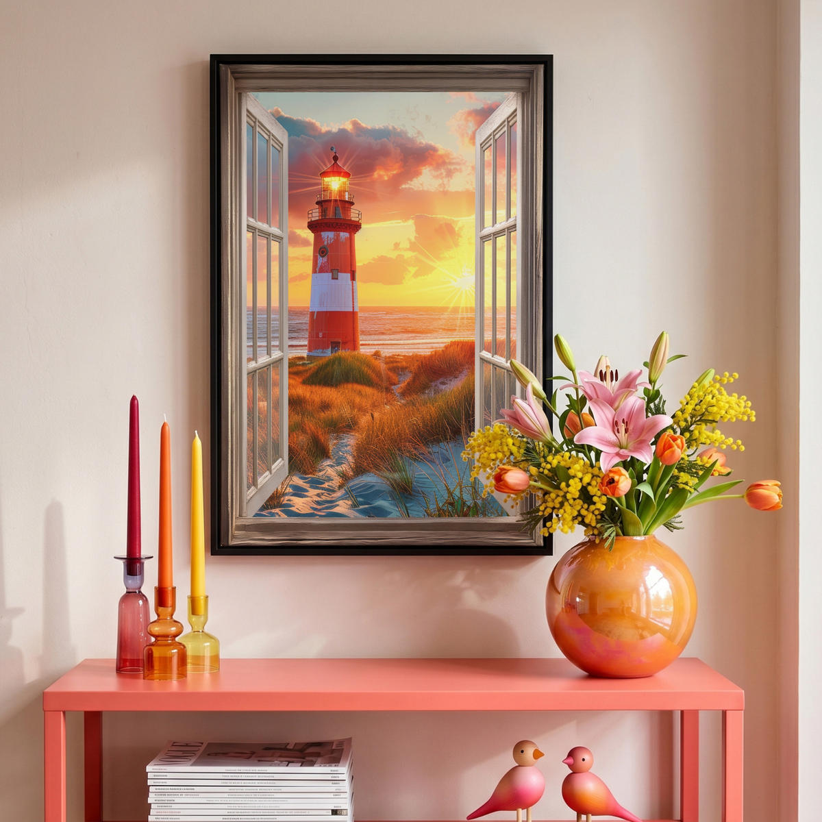 LEINWAND Bilder mit Rahmen - Aussicht - Fenster - Leuchtturm - Sonnenuntergang - Strand - 40x60 - Dunkelorange, Textil (40/60cm) - MuchoWow