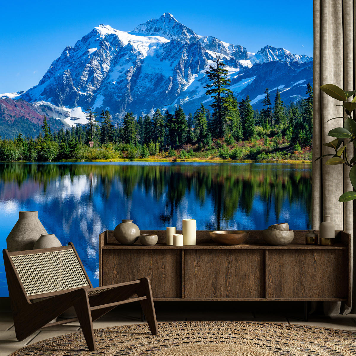 FOTOTAPETE See Berge Wald Landschaft 3D 400x280 - Blau/Beige, Papier (400/280cm) - Muralo