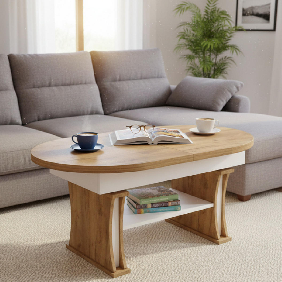 COUCHTISCH oval ausziehbar höhenverstellbar Ablage 130/80/60 cm - Eichefarben/Weiß, Holzwerkstoff (80/130/60cm) - designimpex