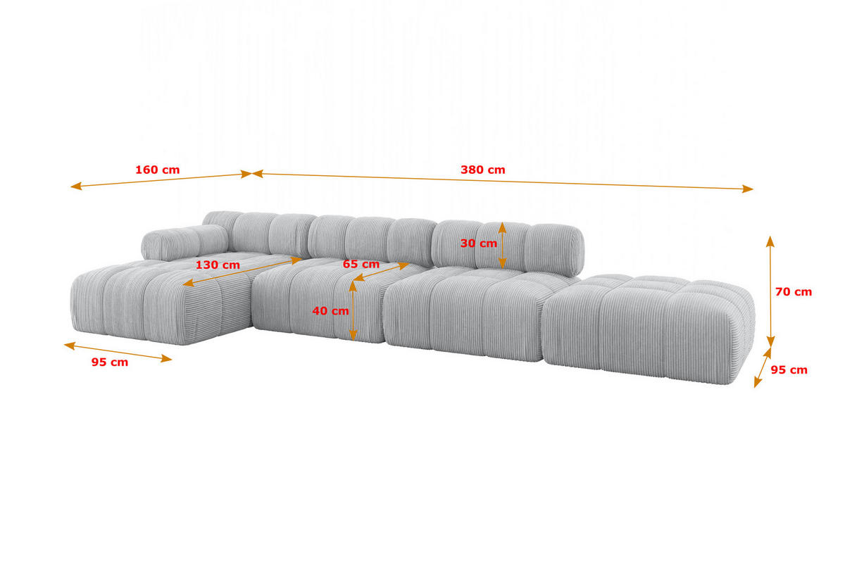 ECKSOFA modulares Sofa Lizur-L2 - 380x160x70 cm Grau Cord - Grau, Holzwerkstoff/Textil (380/160cm) - ALTDECOR