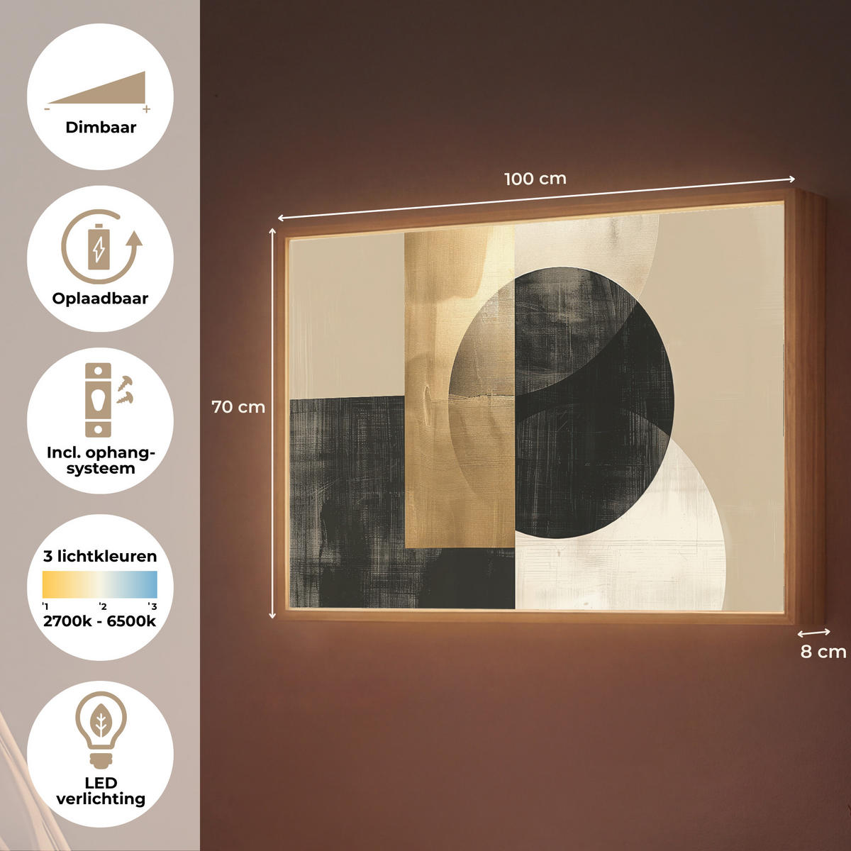 NÁSTĚNNÁ LAMPA S AKUMULÁTOREM Abstraktní - Moderní - Černá - Zlatá 100x70 cm - písková barva, kompozitní dřevo (100/70/8cm) - OnlyWow