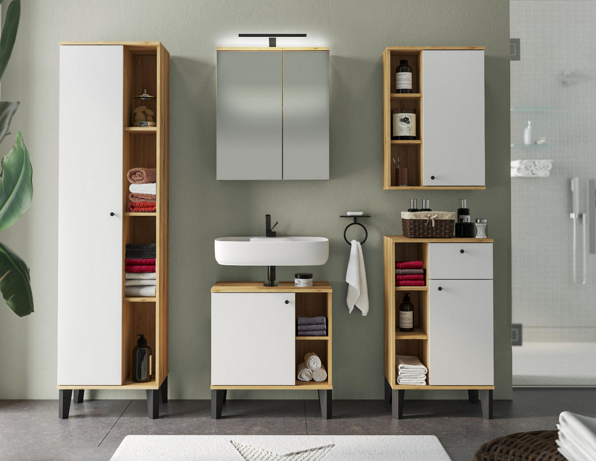 BAD-HOCHSCHRANK weiß, Evoke Eiche, Badschrank, 51 x 190 cm - Eichefarben/Schwarz, Holzwerkstoff/Kunststoff (51/190/33cm) - Furn.Design