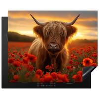 HERDABDECKPLATTE Schottische Highlander - Rosen - Blumenfeld - Sonnenuntergang Herdabdeckung Induktionsfeld 65x52 cm - Rotbraun, Kunststoff (65/52/0.2cm) - MuchoWow