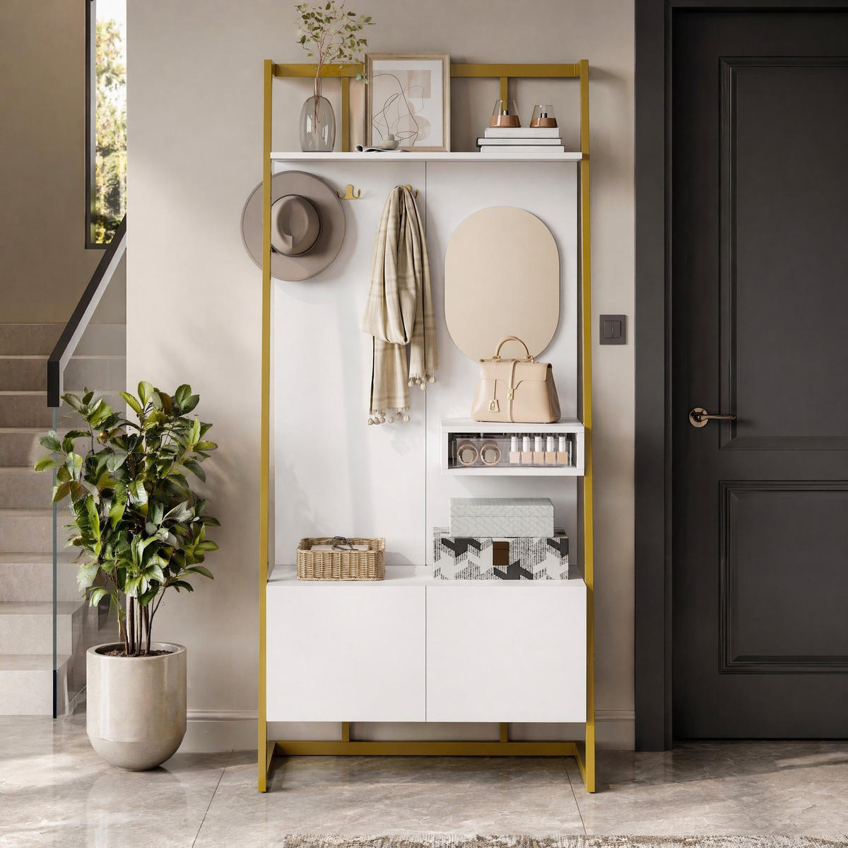 GARDEROBE-SET in Weiß und Gold mit Spiegel und Schuhbank für Eingangsbereich und Flur, B78/T38.5/H180.5 cm - Goldfarben/Weiß, Glas/Holzwerkstoff (78/180.5/38.5cm) - STILVORA