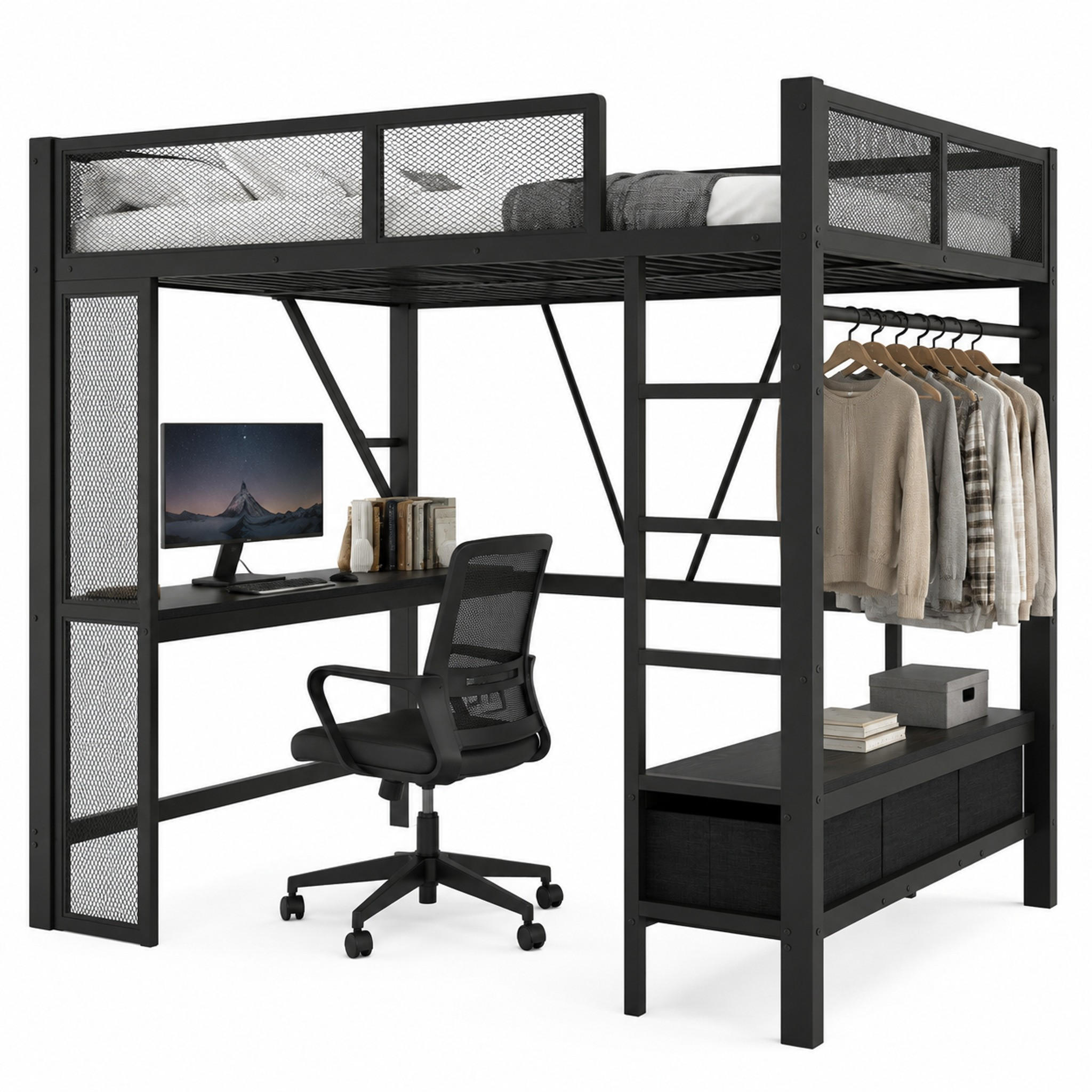 HOCHBETT mit Schreibtisch 140x200 cm Metall Schwarz - Schwarz, Metall (140/200cm) - Meubliv