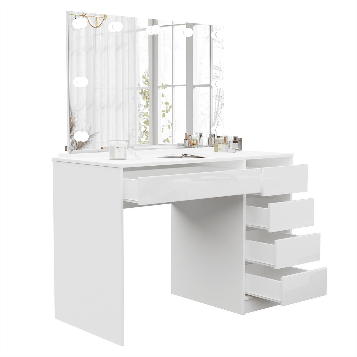 SCHMINKTISCH Bella Weiß Hochglanz 110 cm mit Spiegel und LED Beleuchtung - Weiß Hochglanz, Holzwerkstoff (110/77/55cm) - Idohome