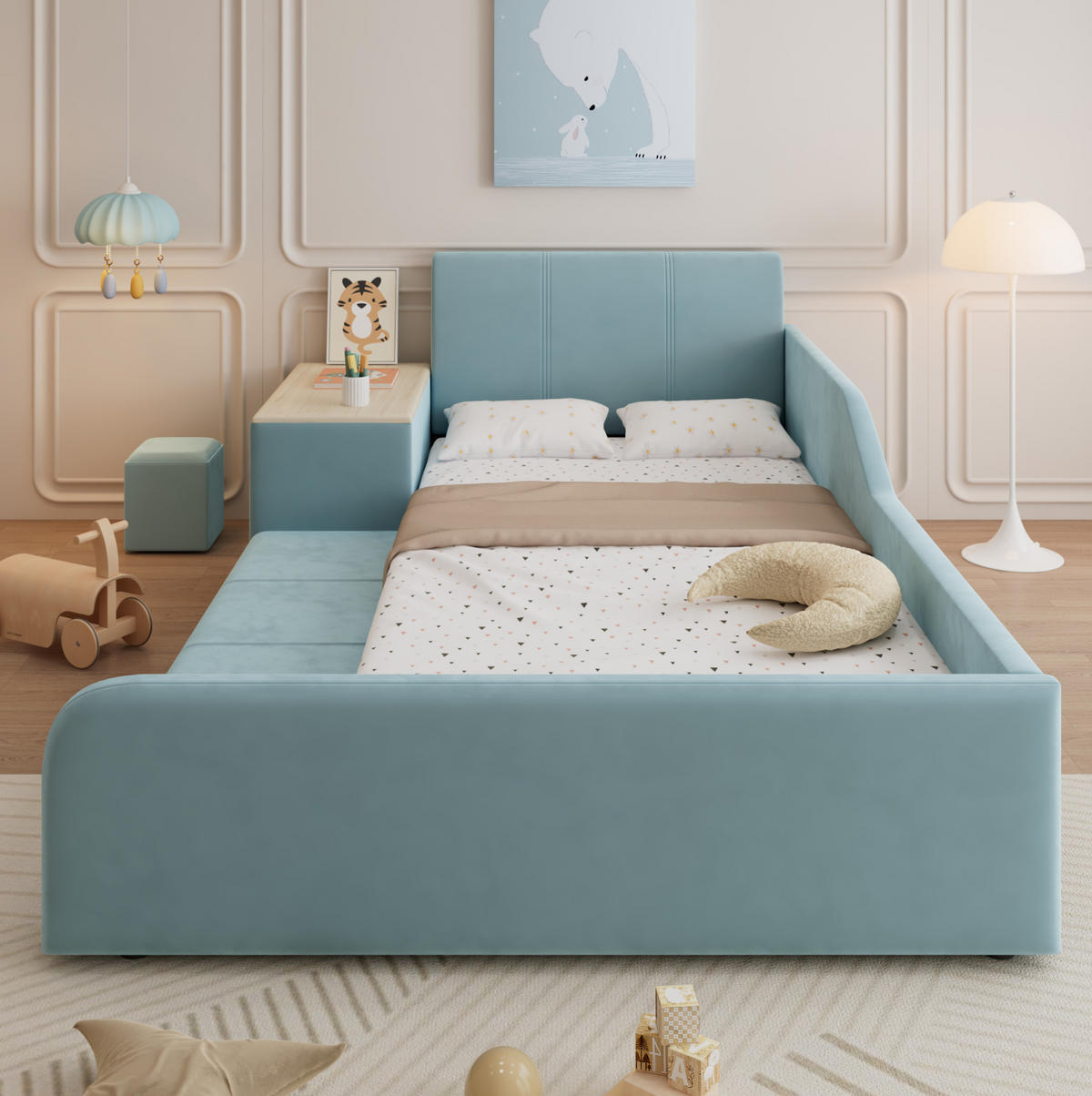 POLSTERBETT 90/200 cm in Blau mit Schreibtisch und Hocker - Blau, Textil (90/200cm) - Flora Grace