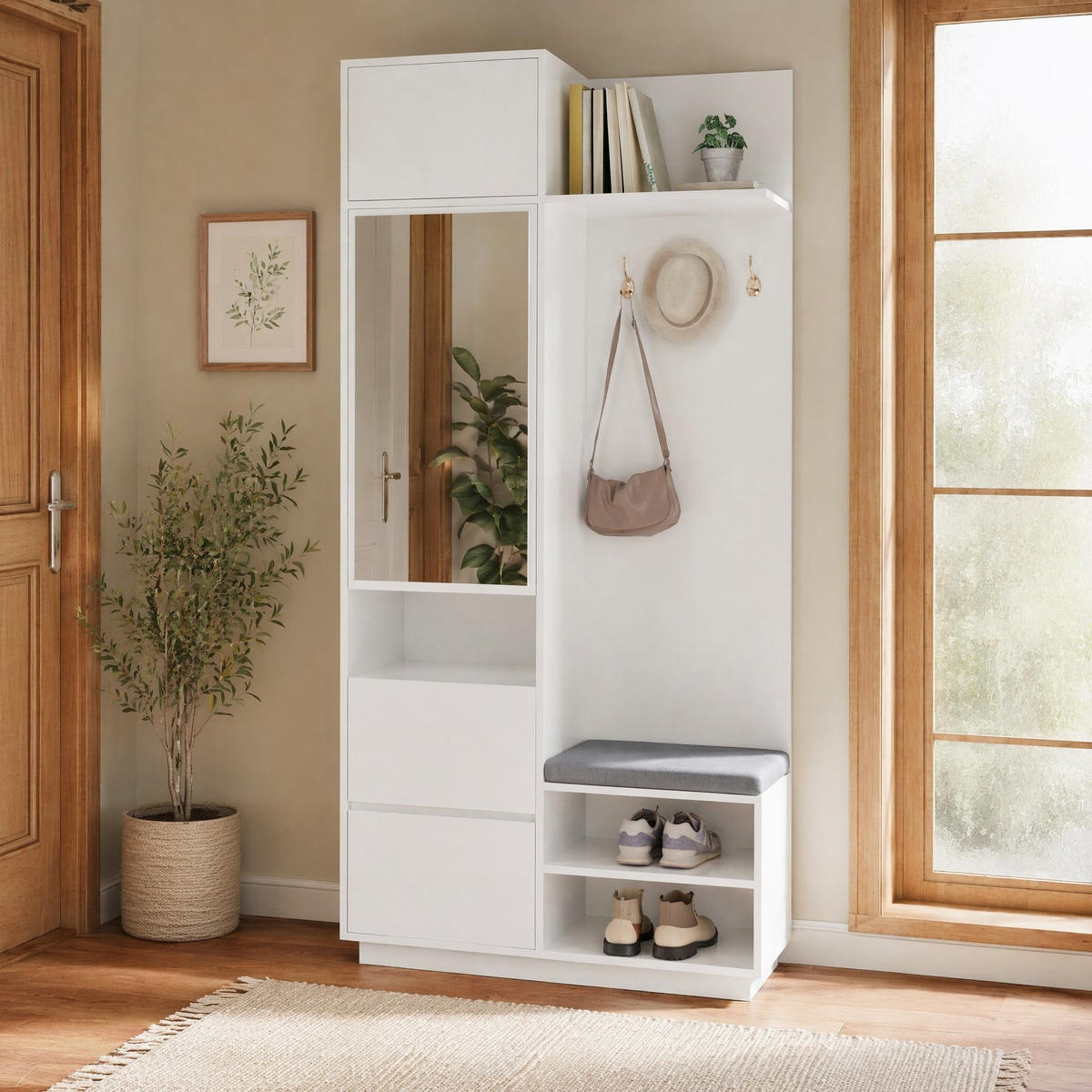 GARDEROBE-SET in Weiß mit Spiegel und Sitzbank für Flur und Eingangsbereich, B90/T34.5/H190 cm - Weiß, Glas/Holzwerkstoff (90/190/34.5cm) - STILVORA