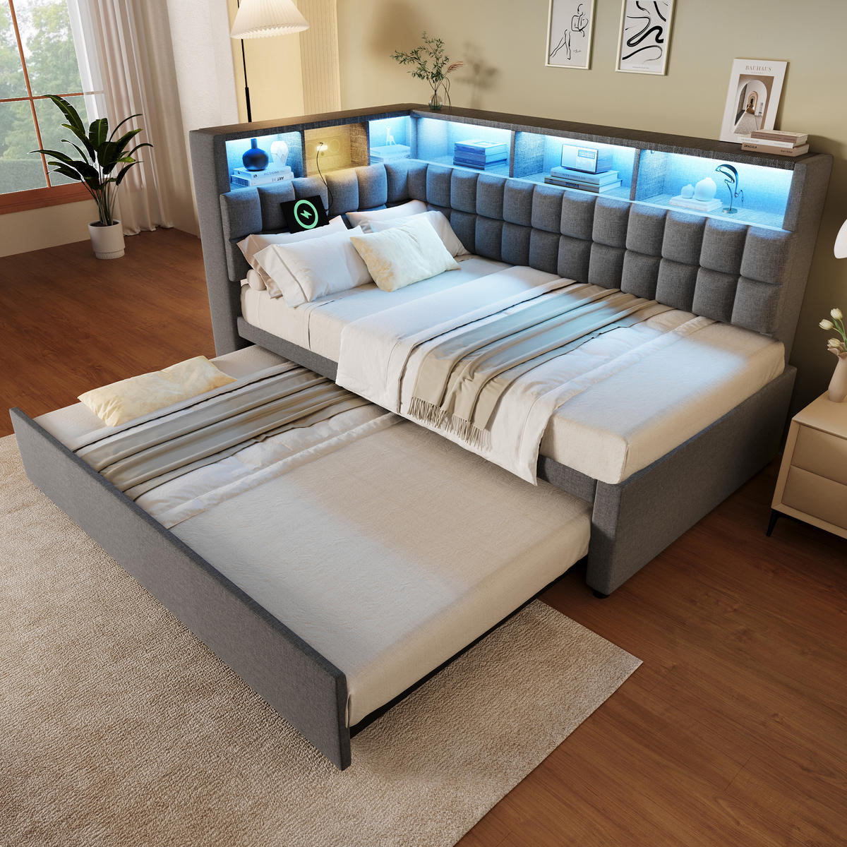 POLSTERBETT 90/200 cm aus Leinen mit Ausziehbett, LED, Bluetooth-Lautsprecher und USB-/USB-C-Anschluss, Grau - Grau, Textil (90/200cm) - Redom