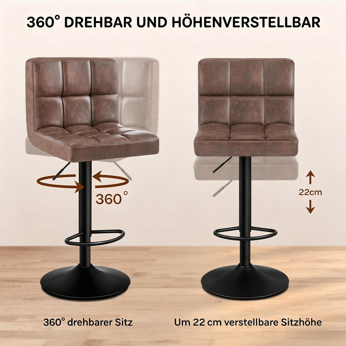 BARHOCKER Dunkelbraun 1er-Set Höhenverstellbar Drehbar mit Armlehnen - Dunkelbraun, Metall (38/114/44cm) - PANGIVO