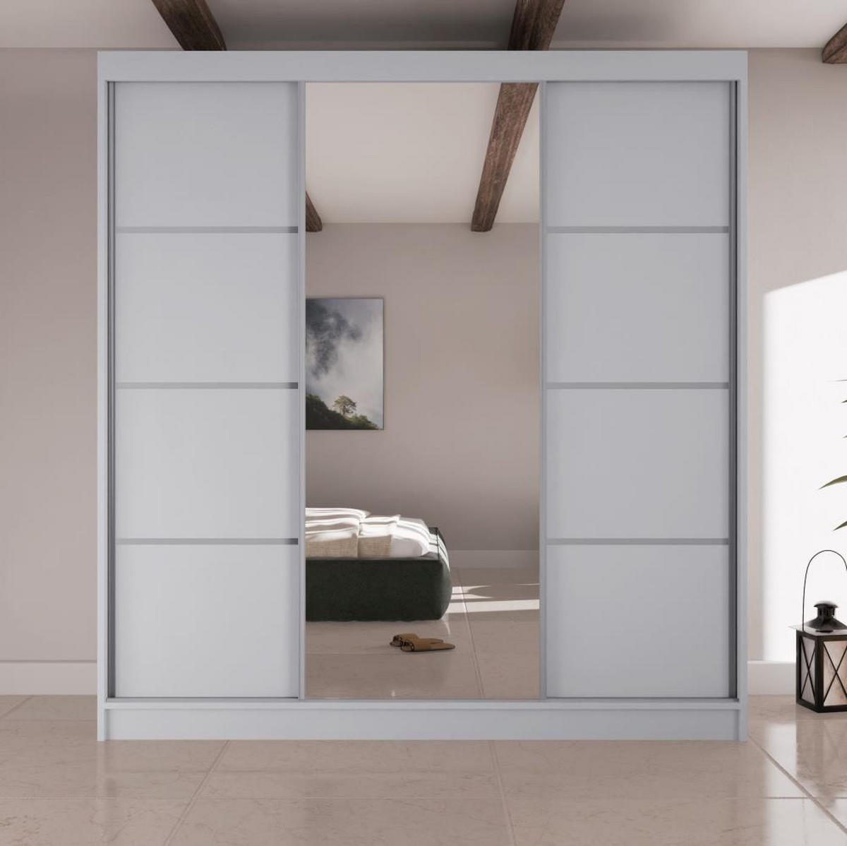 SCHWEBETÜRENSCHRANK Vilo II 200/61/215 weiß+silber - Silberfarben/Weiß, Holzwerkstoff (200/215/61cm) - Beautysofa