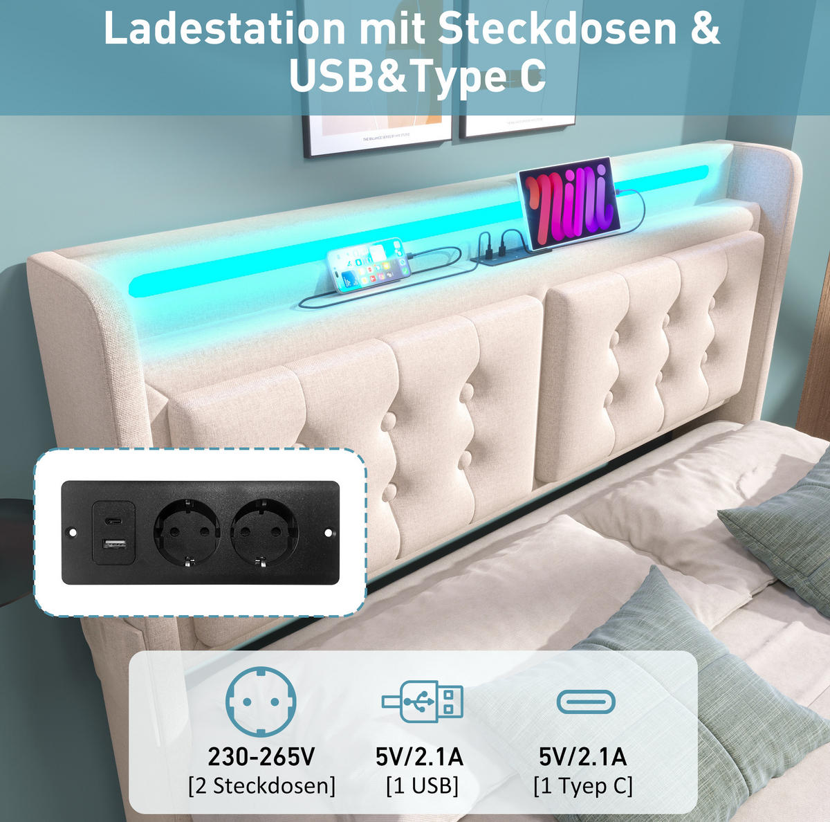 POLSTERBETT 160/200 cm Beige aus Baumwoll-Leinen mit LED und Bettkasten - Beige, Textil (160/200cm) - OKMYHOME