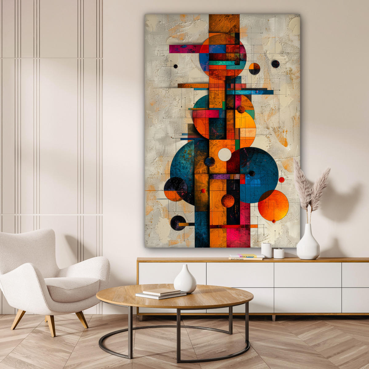 OBRAZ NA PLÁTNE Vintage - Moderné umenie - Oranžová - Geometrické tvary 90x140 cm - viacfarebná, textil (90/140cm) - MuchoWow