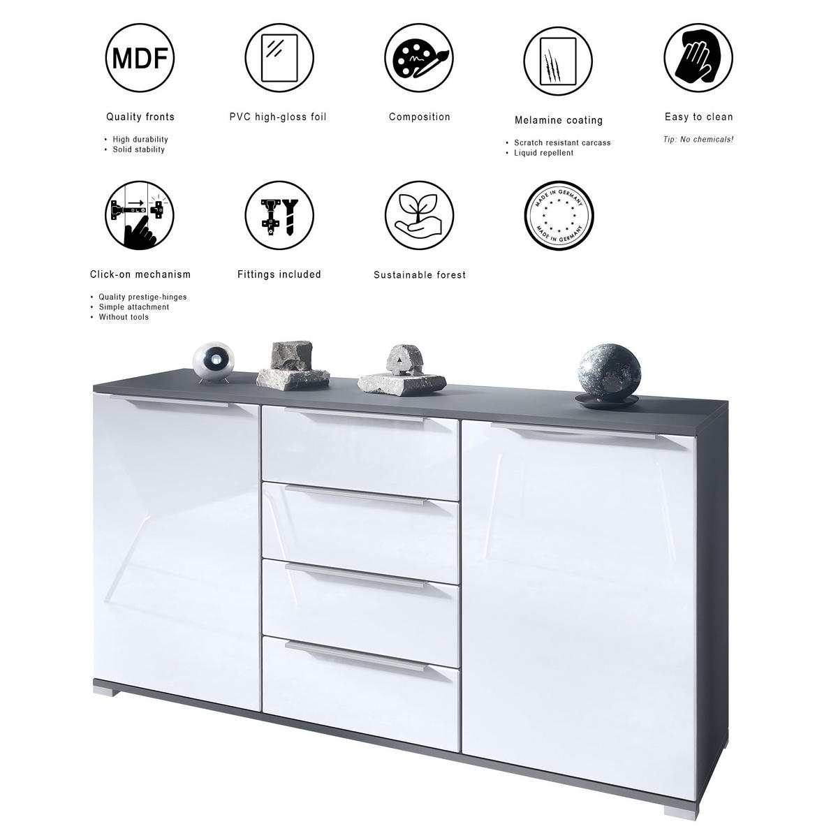 SIDEBOARD Linio Schwarz matt - Schwarz, Holzwerkstoff (138.5/75.5/35cm) - Vladon