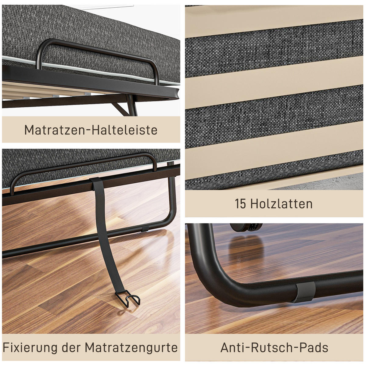 KLAPPBETT Gästebett mit Rollen, 10 cm Matratze, Abdeckung, Seitentasche, Grau - Dunkelgrau, Kunststoff - HOMCOM