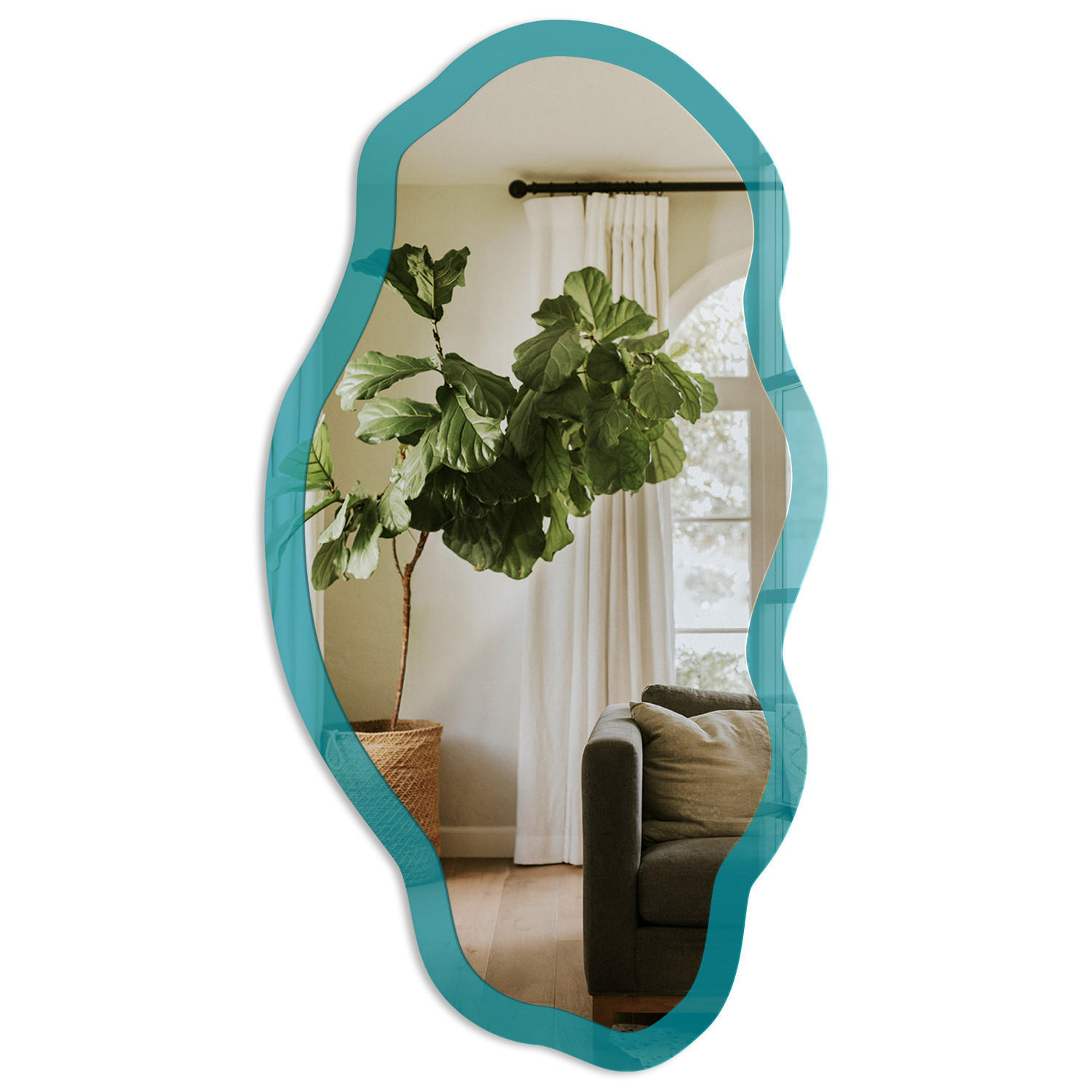 SPIEGEL 90x45 cm asymmetrisch mit Druck - Kühles Türkis - Transparent, Glas (45/90/0.4cm) - TULUP
