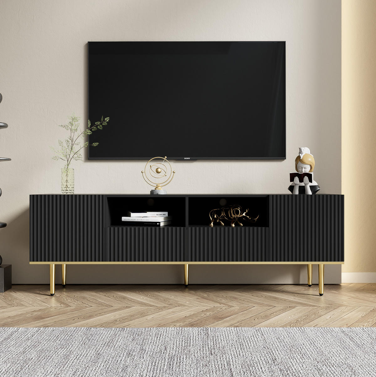 TV-SCHRANK aus Spanplatte 165x36x55 cm Schwarz mit 2 Schubladen, 2 Fächern und griffloser Push-to-Open-Öffnung - Schwarz, Holzwerkstoff (165/55/36cm) - Modfu