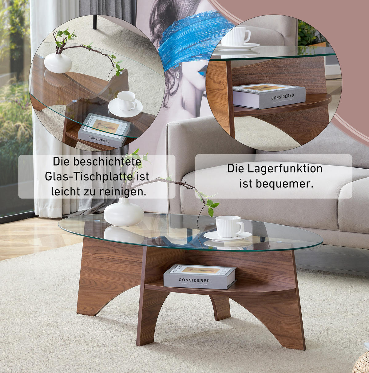 COUCHTISCH 104.9/60 cm Transparent/Nussbaum aus MDF und Sicherheitsglas mit Ablage - Nussbaumfarben, Holzwerkstoff (104.9/60/35.6cm) - OKMYHOME