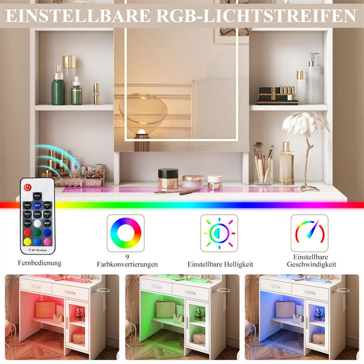 SCHMINKTISCH mit LED-Beleuchtung - Frisiertisch mit Glastischplatte und Ladestation - Haartrocknerhalter - Weiß - Weiß, Holzwerkstoff (40/145/89.8cm) - DELFA