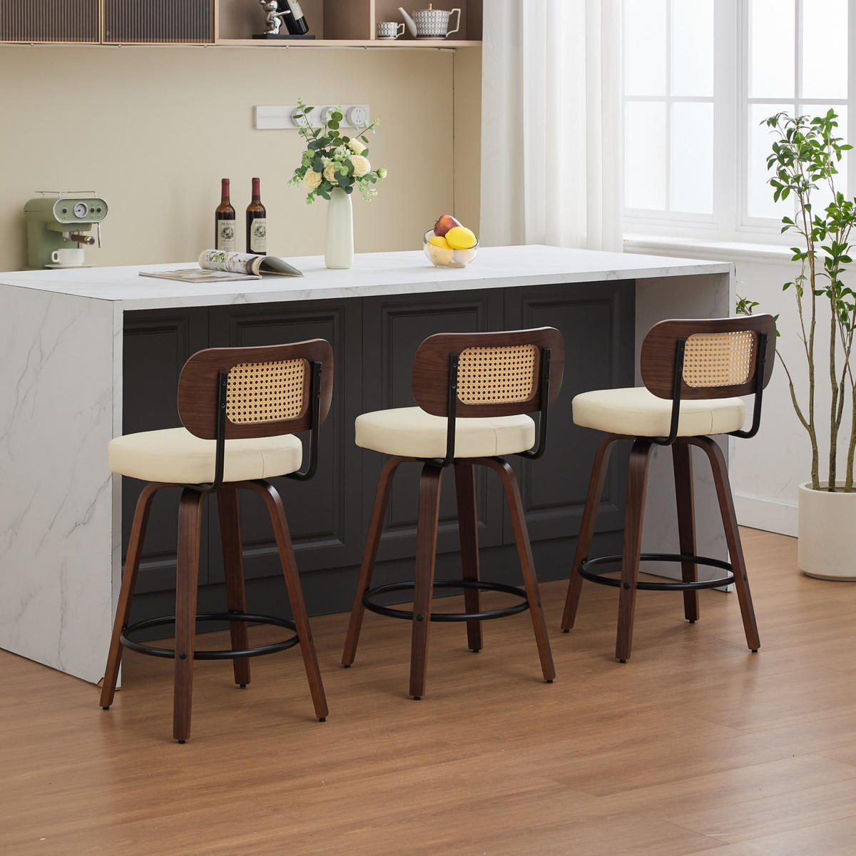 BARHOCKER 3er-Set,Drehstuhl,360° drehbar,PU-Leder,Beige - Beige, Holz (42/90/56cm) - LVHOM