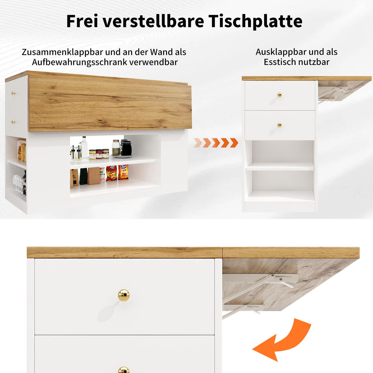 KÜCHENINSEL 140/70/90 cm in Weiß mit klappbarer Tischplatte und viel Stauraum - Weiß, Holzwerkstoff (40/90/140cm) - Flora Grace