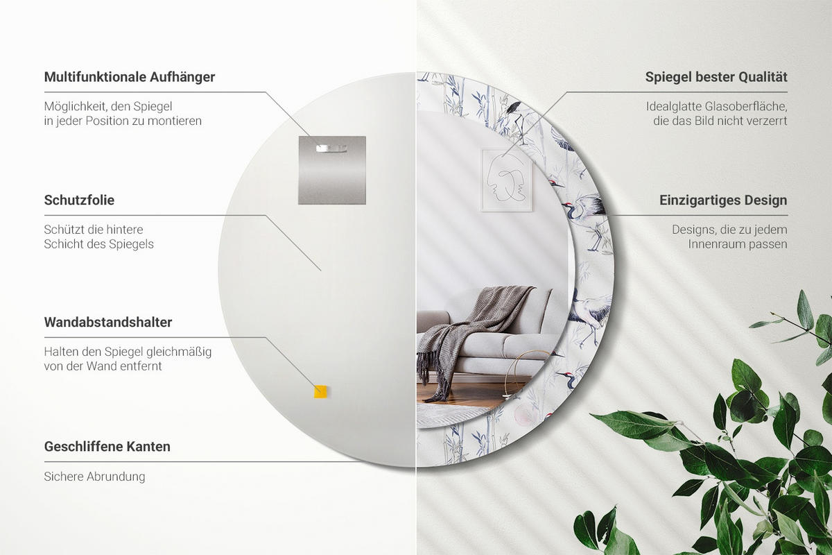 SPIEGEL Rund Ø 70 cm mit Aufdruck - Blau/Weiß, Glas (70/70/0.4cm) - Wallfluent