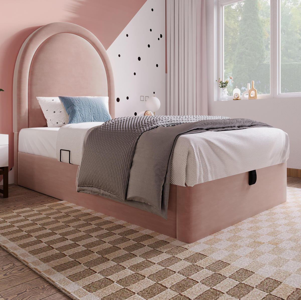 POLSTERBETT 90/200 cm mit Matratze, hydraulischem Bettkasten und Samtbezug mit Halbkreis-Kopfteil, Rosa - Rosa, Textil (90/90cm) - Redom