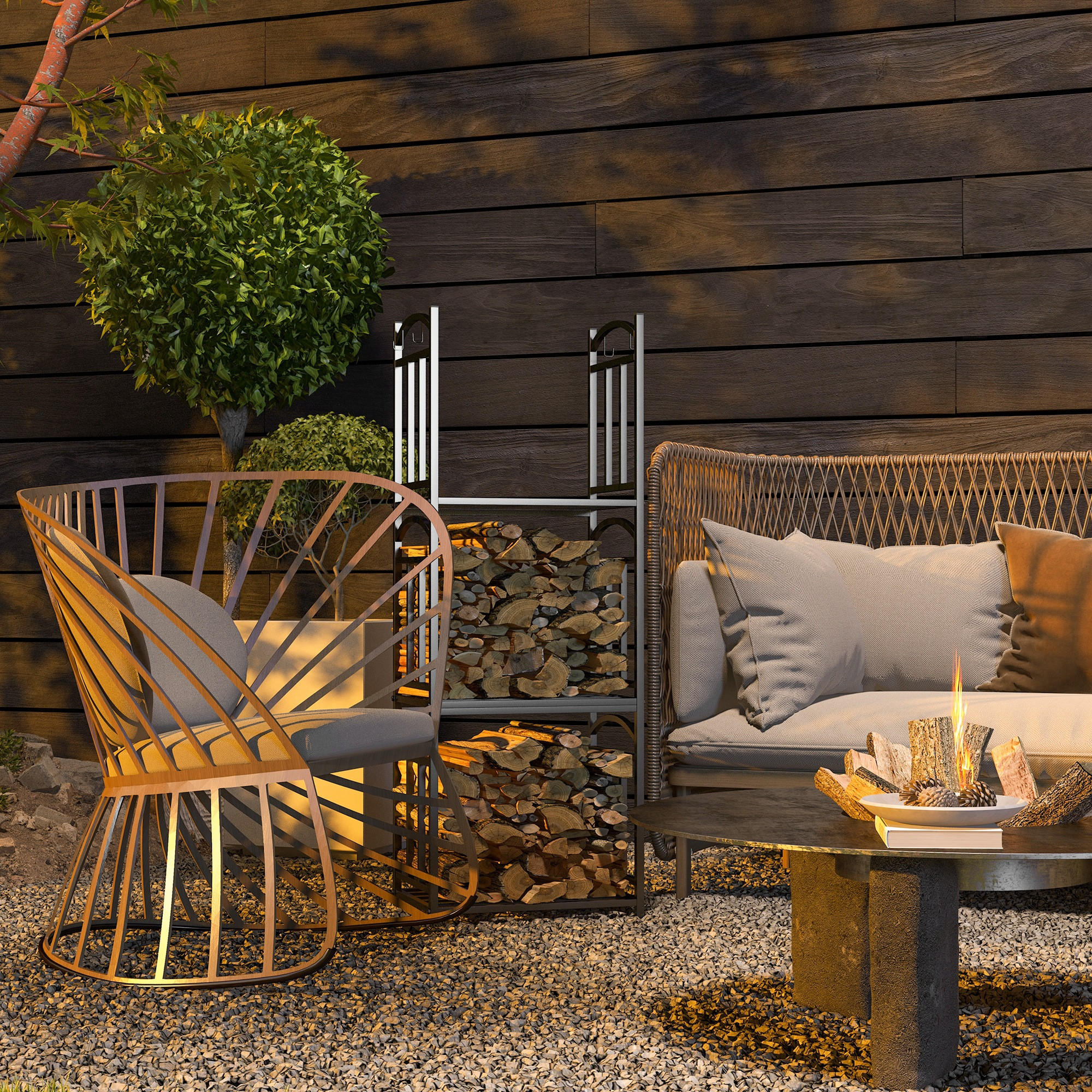 KAMINHOLZREGAL für innen 46 x 32 x 126 cm 3 Ebenen Brennholzregal mit 4 Haken - Schwarz, Metall (32/126/46cm) - Outsunny