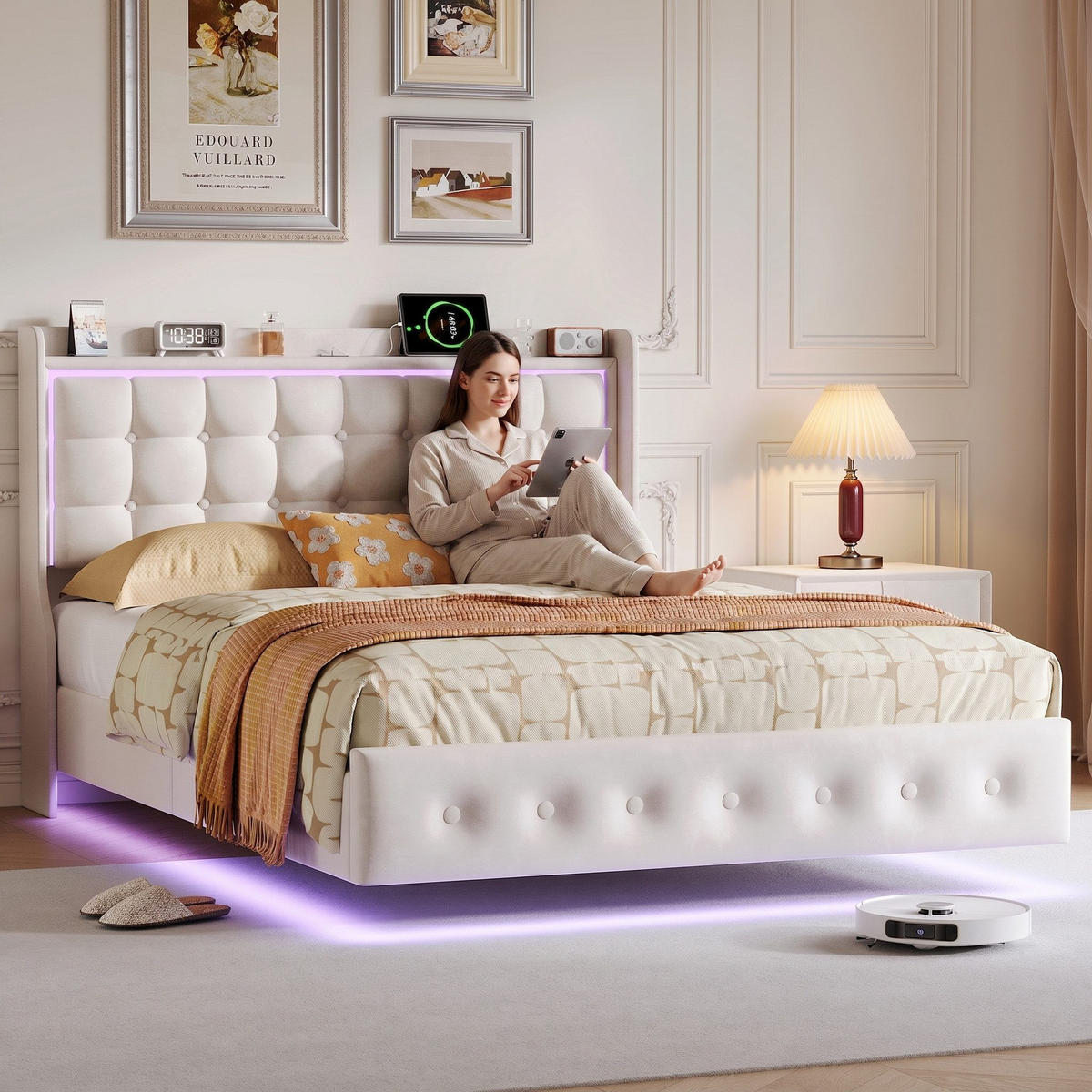 POLSTERBETT 140/200 cm weiß mit LED und Kopfteil - Weiß, Holz