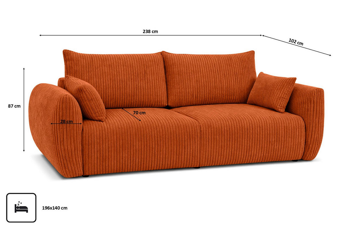 SOFA Mit Schlaffunktion Und Bettkasten, Cordstoff Poso, Kupfer, Zephira - Orange, Holz (238/87/102cm) - Kaiser Möbel