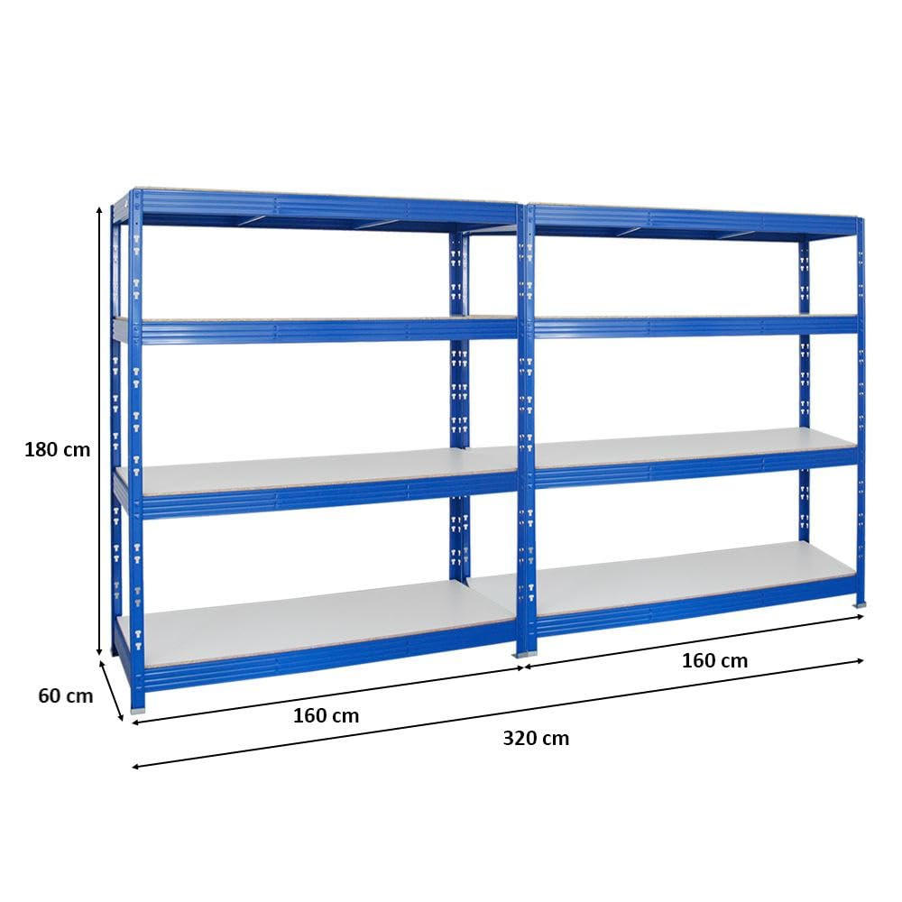 SCHWERLASTREGAL Rhino 2er-Set mit 2x 180x160x60 cm 4 Melamin-Ebenen 16mm Fachlast 500 kg Blau - Blau, Metall (320/180/60cm) - PROREGAL