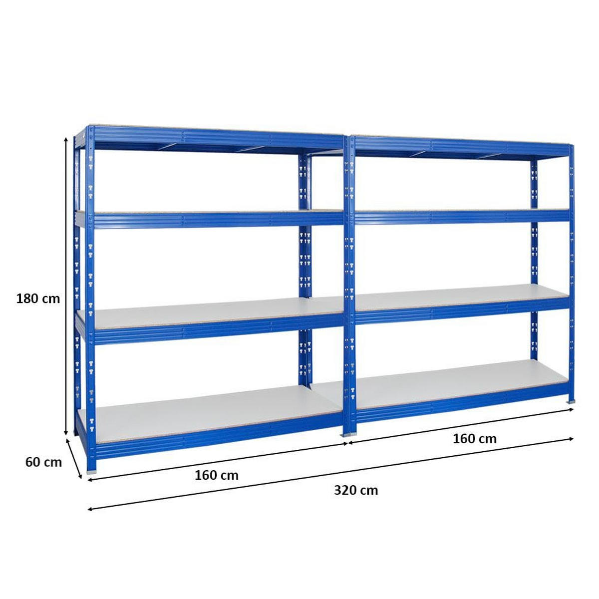 SCHWERLASTREGAL Rhino 2er-Set mit 2x 180x160x60 cm 4 Melamin-Ebenen 16mm Fachlast 500 kg Blau - Blau, Metall (320/180/60cm) - PROREGAL