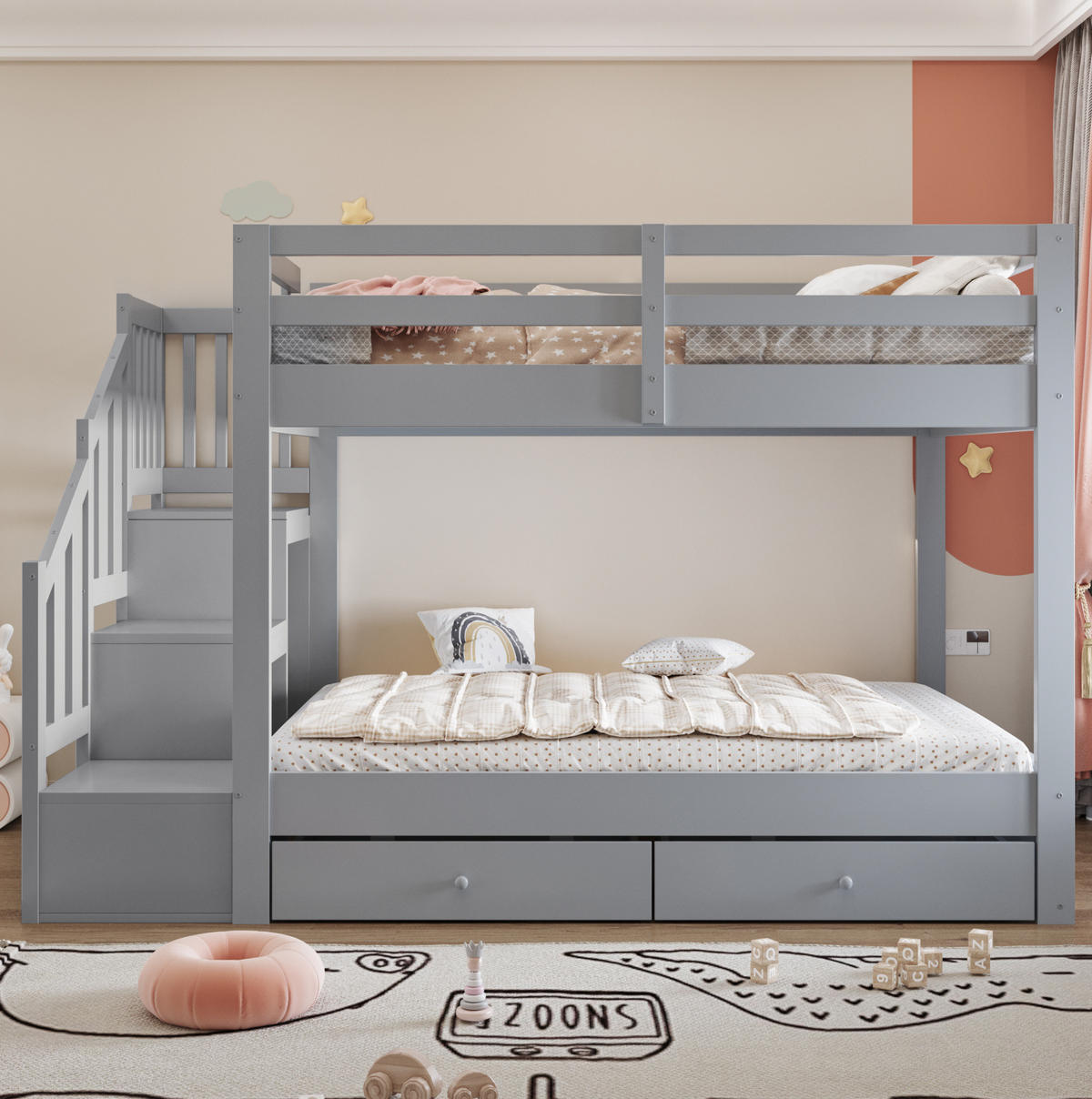 ETAGENBETT aus Kiefernholz 140x200 cm Grau mit Stauraumtreppe und 2 Schubladen - Grau, Holz (140/200cm) - Modfu