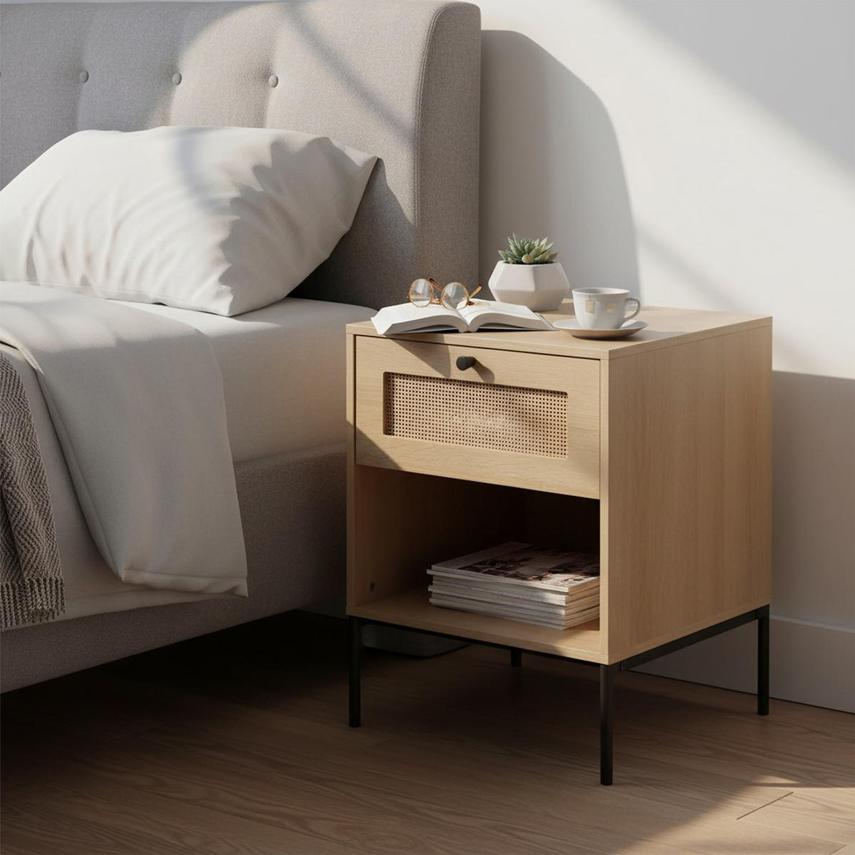 KOMODA přírodní černá ratanový vzhled zásuvka - světle hnědá, kov/kompozitní dřevo (40/55/40cm) - Relaxdays