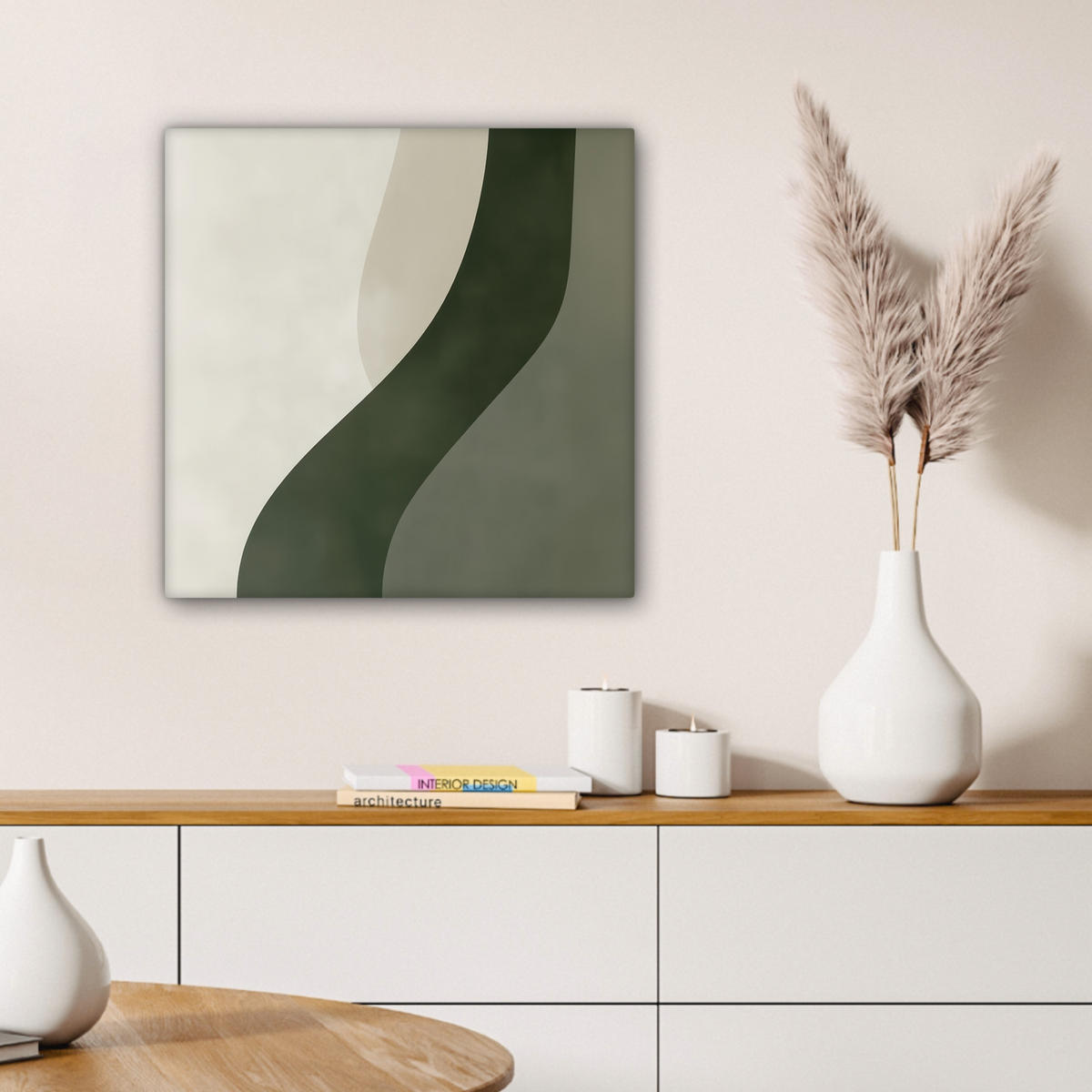 LEINWANDBILD Japandi - Grün - Abstrakt - Modern 50x50 cm - Olivgrün, Textil (50/50cm) - MuchoWow