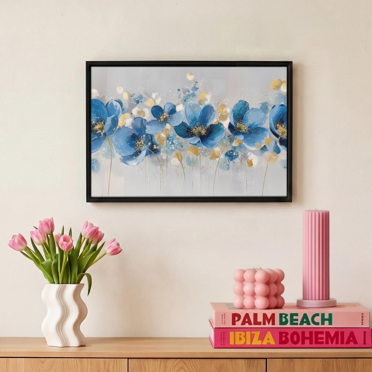 LEINWAND Bilder mit Rahmen - Blumen - Blau - Abstrakt - 30x20 - Hellgrau, Textil (30/20cm) - MuchoWow