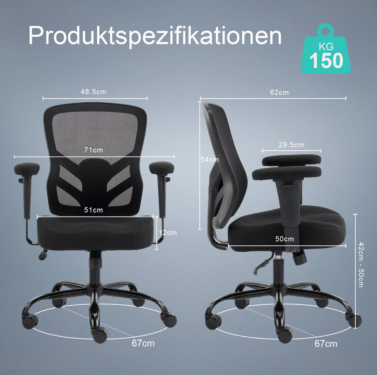 BÜROSTUHL in Schwarz 67x67x98,47 cm mit verstellbarer Lendenstütze und 2D-Armlehnen - Schwarz, Leder (67/98.47/67cm) - IVMEU
