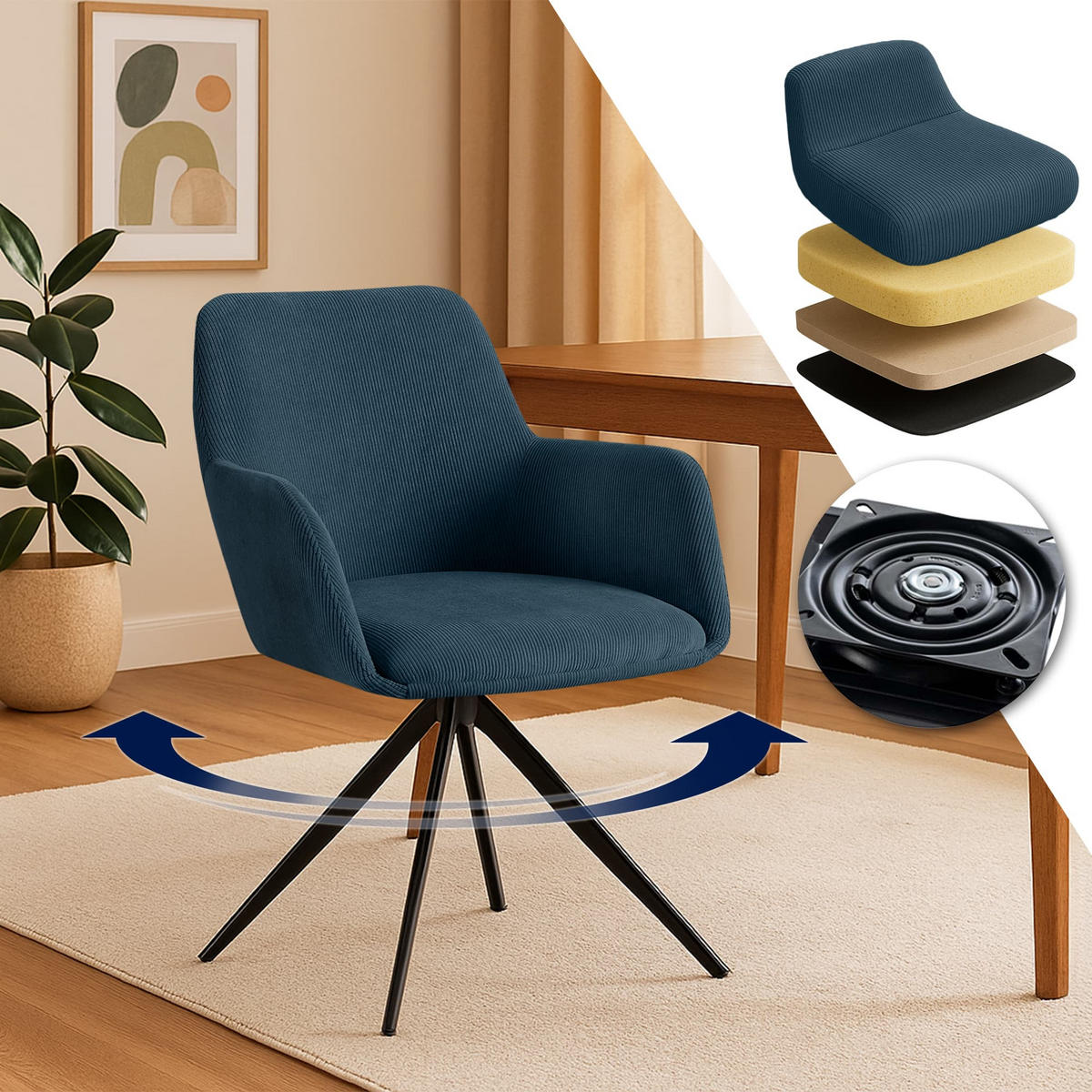 ESSZIMMERSTUHL Cord Blau - Blau/Schwarz, Textil/Metall (56/81/62cm) - CLP