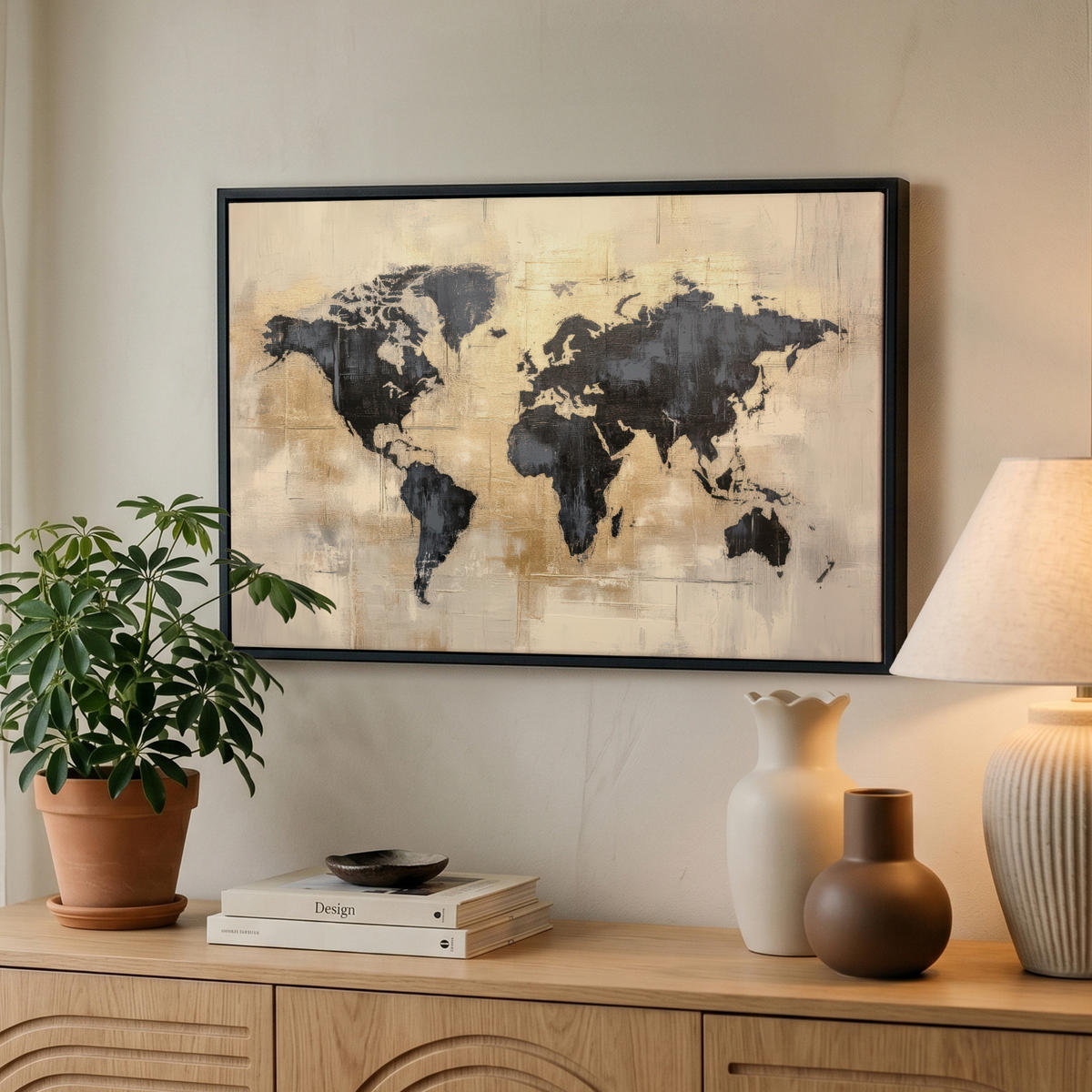 LEINWAND Bilder mit Rahmen - Weltkarte - Gold - Schwarz - Abstrakt - 60x40 - Kupferfarben, Textil (60/40cm) - MuchoWow