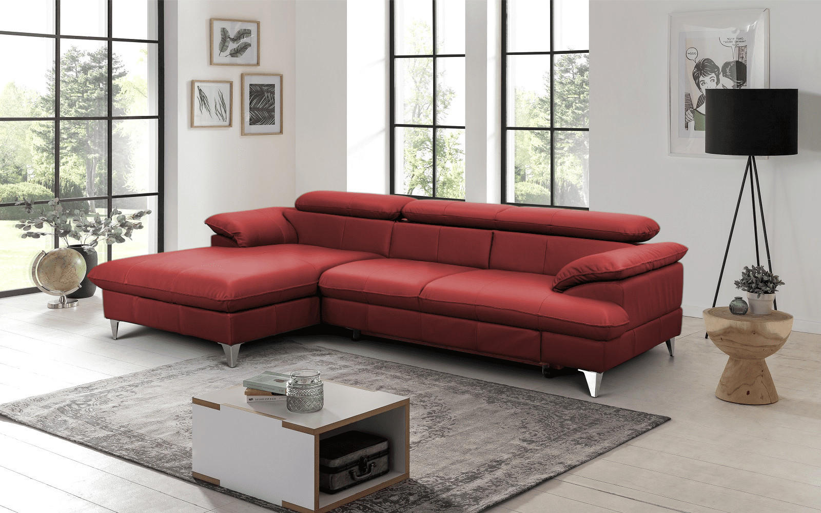 DAVID Ecksofa aus Echtleder – Elegantes Schlafsofa mit Bettkasten und Schlaffunktion - Chromfarben/Dunkelgrau, Leder/Metall (25.4/16.7cm) - Cotta