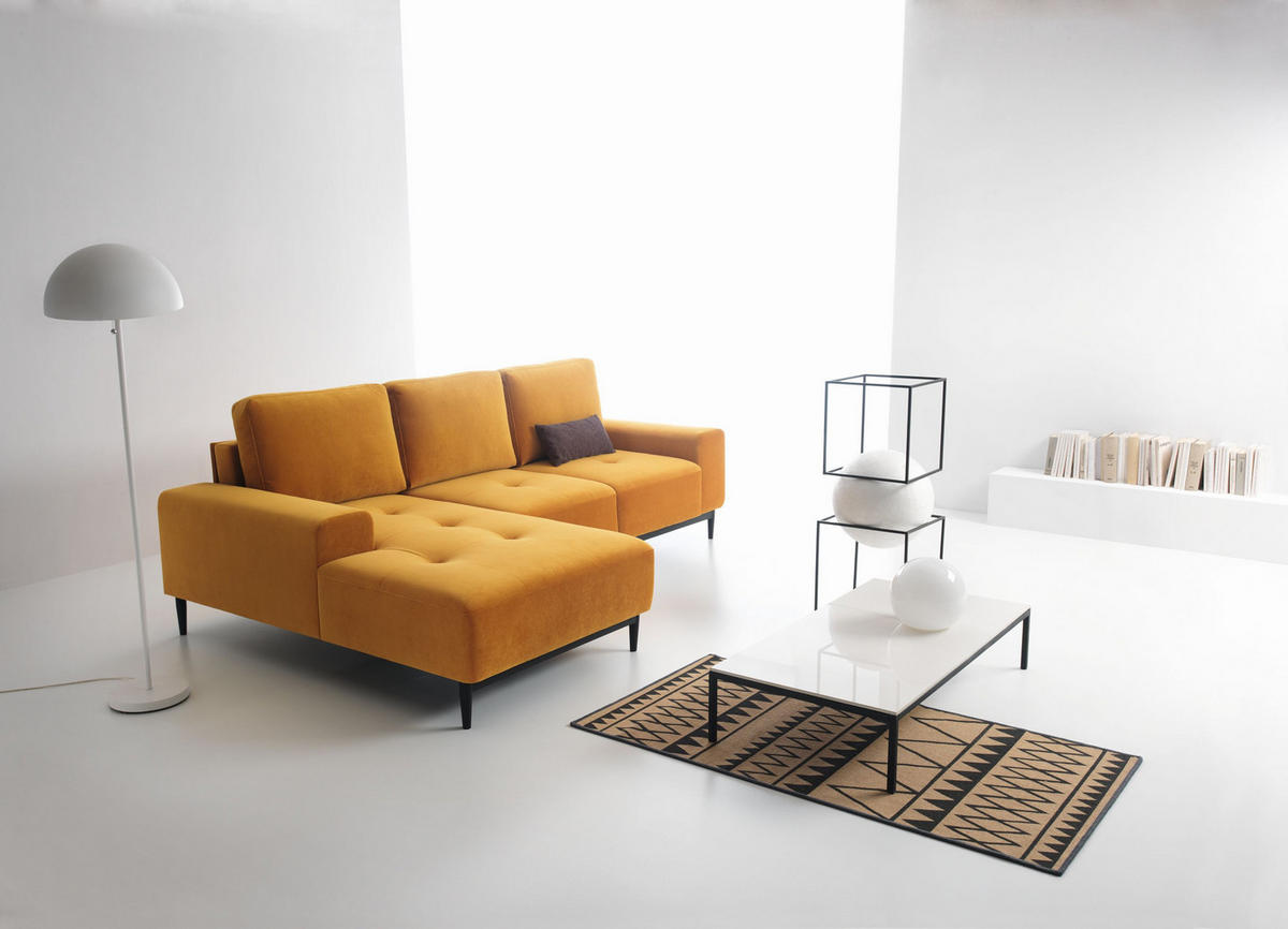 ECKSOFA SACRO Gelb Plüsch-Stoff mit Schlaffunktion - Gelb, Holz (266/175cm) - MASSENO