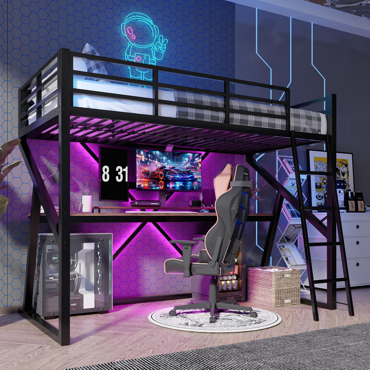 HOCHBETT 90/200 cm Schwarz mit LED-Beleuchtung und Schreibtisch aus Metall - Schwarz, Metall (90/200cm) - OKWISH